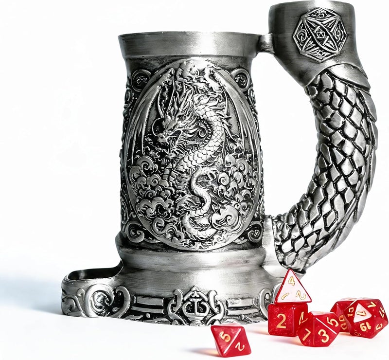 Luazuri Store كوب برج النرد، برج رمي النرد، يأتي مع مجموعة نرد مكونة من 7 قطع، مناسب لألعاب DND والزنزانات والتنانين، ألعاب الطاولة، متاح كحامل مشروبات، هدايا D&D، ملحقات DND (فضي-تنين) - Image 1